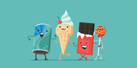 Sweets characters. Soda. Ice cream. Chocolate. Vector illustration.