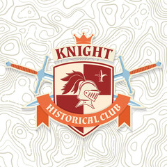 Obraz premium Knight historical club badge design. Vector illustration Concept for shirt, print, stamp, overlay or template. Vintage typography design with knight helmet, swords and shield silhouette.