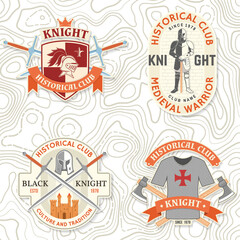 Set of Knight historical club badge, t-shirt design. Vector. Concept for shirt, print, stamp, overlay or template. Vintage typography design with knight with sword and castle silhouette.