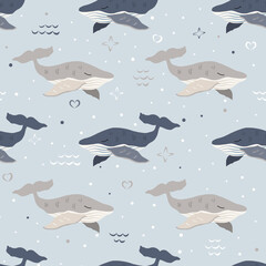 cute blue whales seamless pattern 
