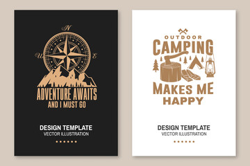 Set of outdoor adventure inspirational quote flyer, brochure, banner, poster. Vector . Typography design with camper tent, mountain, forest landscape silhouette.