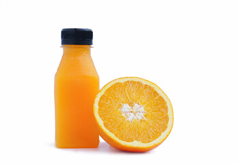 A bottle full of orange juice and a half-cut citrus leaning against the orange juice bottle on a white background.