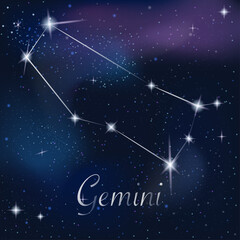 Zodiac sign Gemini on against the background of the starry sky. Constellation Gemini on starry night background. Astrological zodiac against the background of space.