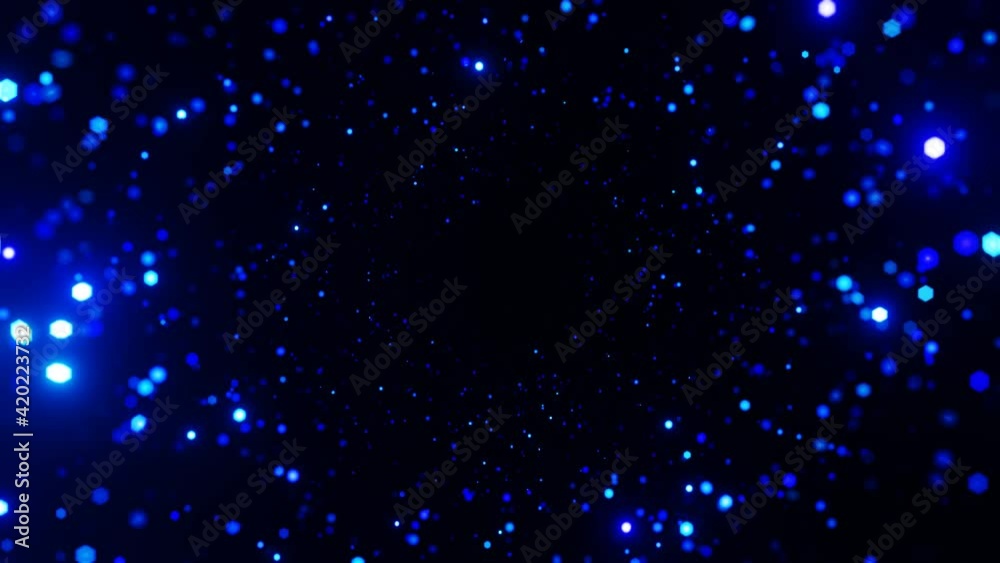 Wall mural abstract motion background shining blue particles. shimmering glittering particles with bokeh. popul