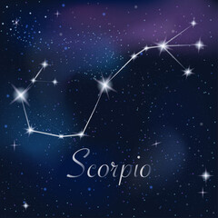 Fototapeta premium Zodiac sign Scorpio on against the background of the starry sky. Constellation Scorpio on starry night background. Astrological zodiac against the background of space.
