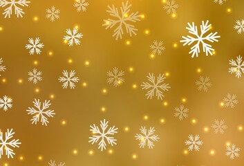 Dark Yellow vector layout with bright snowflakes, stars.