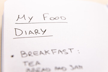 Food diary: list of foods eaten during the meals of the day, written on a white notebook. 