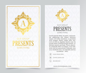 Luxury white business card and vintage ornament logo vector template. Retro elegant flourishes ornamental frame design and pattern background.