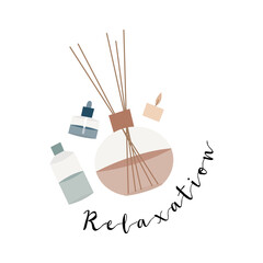 Aromatherapy. Aroma diffuser, essential oil, incense stick.  Relaxation, meditation. Vector flat cartoon illustration