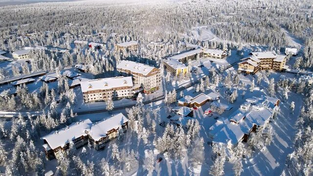 Beautiful vibrant sunny scandinavian winter landscape of skiing resort, lapland