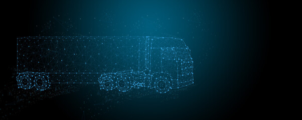 Abstract image truck, lorry transportation in the form of a starry sky or space, consisting of points, lines, and shapes in the form of planets, stars and the universe. Low poly background.