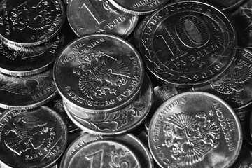 Macro shot of Russian rouble coins. Closeup texture background with selective focus. Money and finance concept