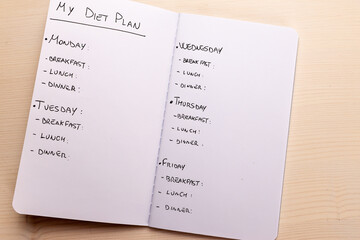 Diet plan: planning of the weekly diet, with the foods to eat during the week, written on a white notebook with black ink.
