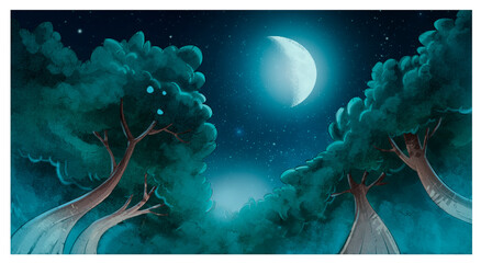 Forest night landscape with moon