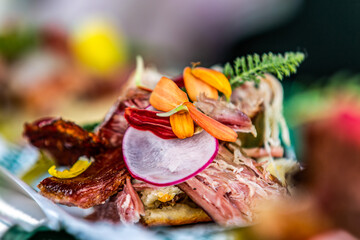 Baked smoked pork neck with bread. Food styling for street food. Closeup.