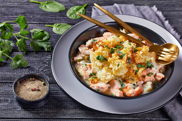 a portion of salmon pot pie, top view