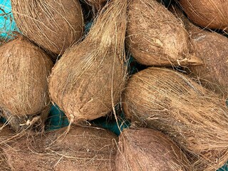 Coconut on blue background. Selective focus