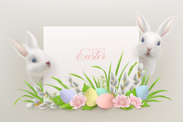 Happy Easter background with hares, flowers with willow and Easter eggs