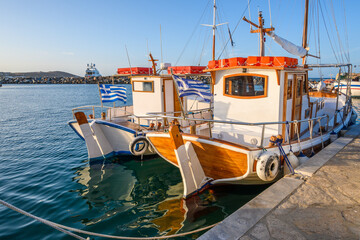 Colorful boats in port of Naoussa on Paros island. Cyclades, Greece