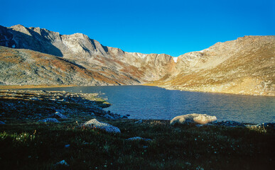 Mountain lake with mountain meadow Rocky Mountain National Park
