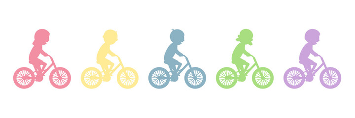 Obraz premium Cute happy children riding bicycles silhouettes. Different kids ride bikes. Healthy lifestyle. Sport vehicles competition concept. Vector illustration isolated on white
