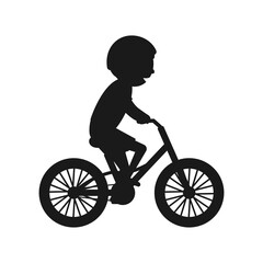 Cute boy riding bike silhouette. Healthy lifestyle in black color concept. Little child rides bicycle. Vector isolated on white	