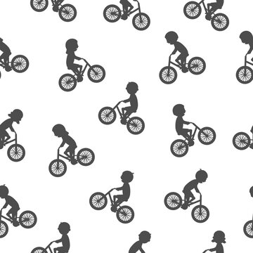 Cute Happy Children Riding Bicycles Silhouettes. Seamless Pattern. Different Kids Ride Bikes. Healthy Lifestyle In Black Color. Sport Vehicle Competition Concept. Vector Illustration Isolated On White