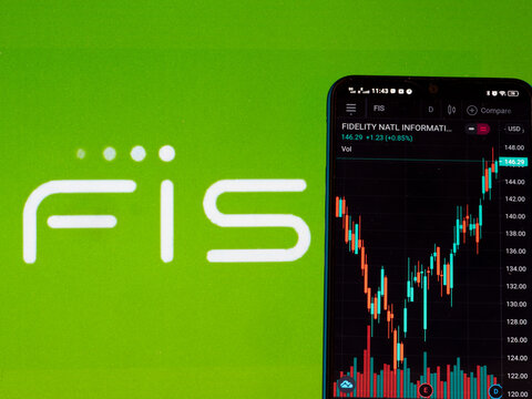 In this photo illustration the stock market information of Fidelity National Information Services (FIS) displayed on a smartphone with the logo in the background.