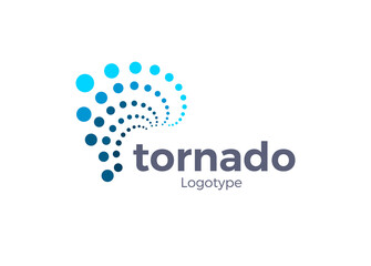 Abstract hurricane symbol. Tornado blue points style icon. Typhoon logo concept, dots style. Wind power emblem, eddies sign. Storm flat isolated vector illustration - obrazy, fototapety, plakaty