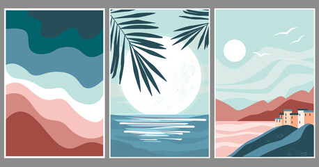 Fototapeta na wymiar Set art abstract minimalistic landscape. Palm leaves on the background of the moon, sun, sunset, sea, ocean. Seascape, city, mountains, travel, relaxation for print, poster, wallpaper, textile. Vector