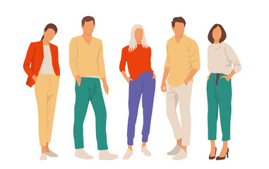 Obraz premium Set of young men and women, different colors, cartoon character, group of silhouettes of standing business people, students, the design concept of flat icon, isolated on white background