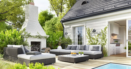Cozy patio area with garden furniture, swimming pool and outdoor fireplace