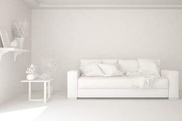 White minimalist living room with sofa. Scandinavian interior design. 3D illustration