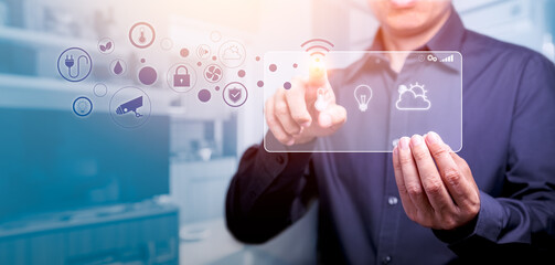 Assistant Smart home automation futuristic interface on virtual screen. Automation system technology of things with copy space for banner