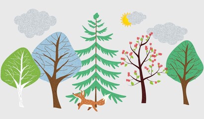 spring trees, set of vector illustrations of cute trees and shrubs: oak, birch, aspen, linden, fir, sun and fox
