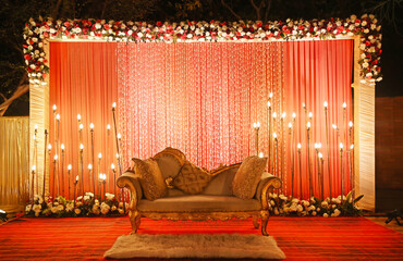 Beautiful Interior of Marriage Hall. Decorated Stage for Functions.