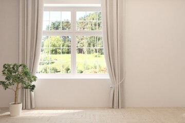 White empty room with summer landscape in window. Scandinavian interior design. 3D illustration