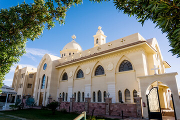 Public cathedral coptic egyptian church at the sky background