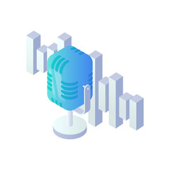 Fototapeta premium Podcast radio microphone isometric icon. 3d broadcast vector illustration, retro studio microphone with soundwave, radio waves