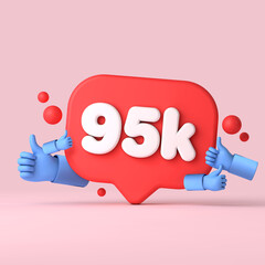 95 thousand followers social media banner thumbs up. 3D Rendering