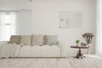 White living room with sofa. Scandinavian interior design. 3D illustration