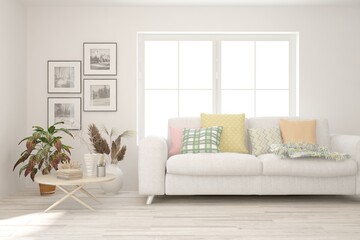 White living room with sofa. Scandinavian interior design. 3D illustration