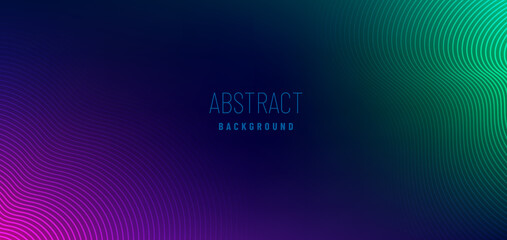 Abstract violet & green wavy line pattern on dark blue background with copy space. Modern tech futuristic neon color concept. Vector illustration