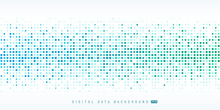 Abstract digital data technology square light blue and green pattern pixel background with copy space. Modern futuristic horizontal pixel design. Vector illustration