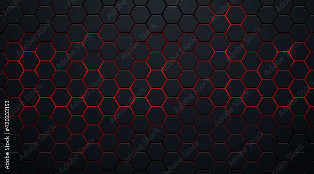 Sticker abstract dark hexagon pattern on red neon background technology style. modern futuristic geometric s