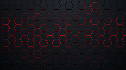 Abstract dark hexagon pattern on red neon background technology style. Modern futuristic geometric shape web banner design. You can use for cover template, poster, flyer, print ad. Vector illustration © JE48