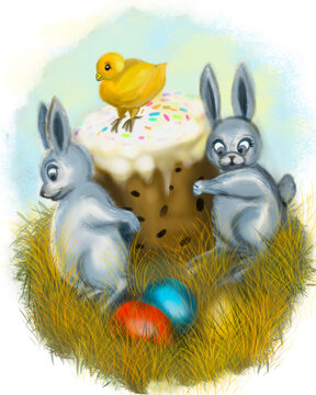 chick, rabbits, Easter cake and eggs illustration