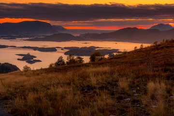 Norwegian landscape after sunset.