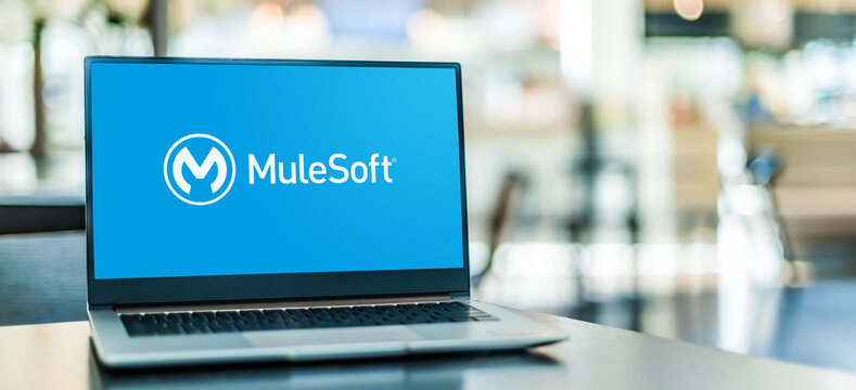 Laptop computer displaying logo of MuleSoft