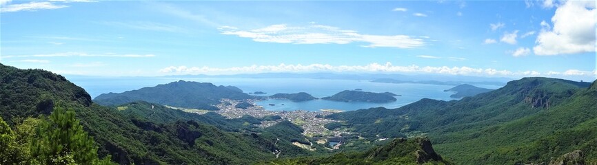 Fototapeta na wymiar Panoramic view of Seto Inland Sea from Takatori Observatory on Shodoshima island in Kagawa, Japan - 日本 香川県 小豆島 瀬戸内海 寒霞渓展望台 